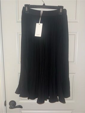 Grace Karin Black Pleated Midi Skirt with Subtle Ruffle Hem